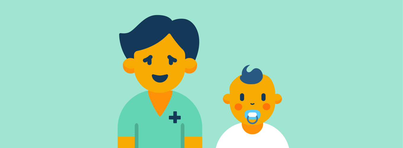 Doctor sonriente con bata verde examinando a un niño pequeño con chupete, representando la atención pediátrica en el diagnóstico del dengue
