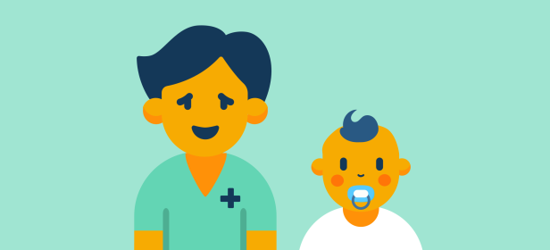 Doctor sonriente con bata verde examinando a un niño pequeño con chupete, representando la atención pediátrica en el diagnóstico del dengue